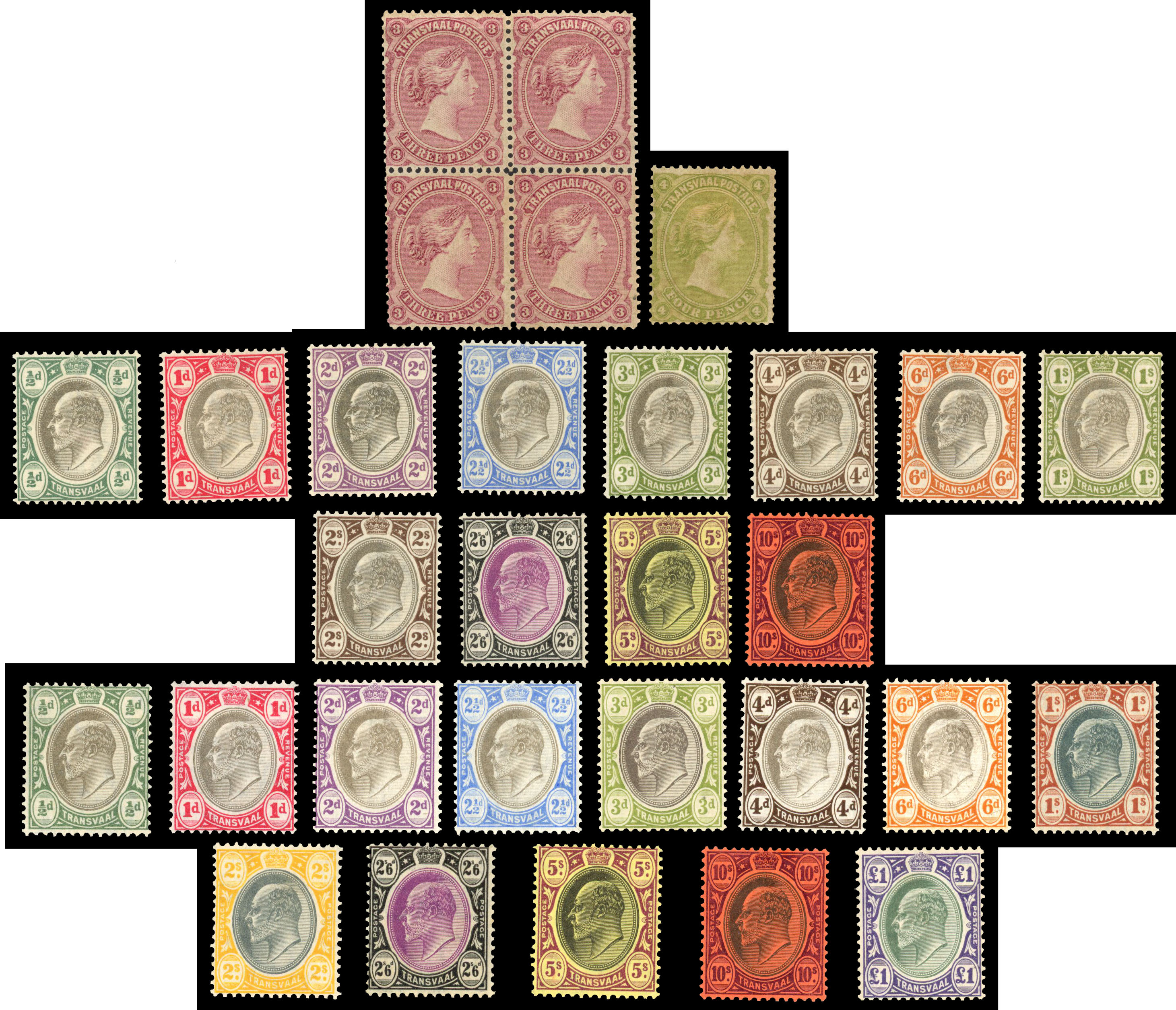QV to KEVII mint selection on Hagners including 1878 3d block of 4, 1902 to 10s, 1904 to £1, 1905 to 2½d, and 1907 dues