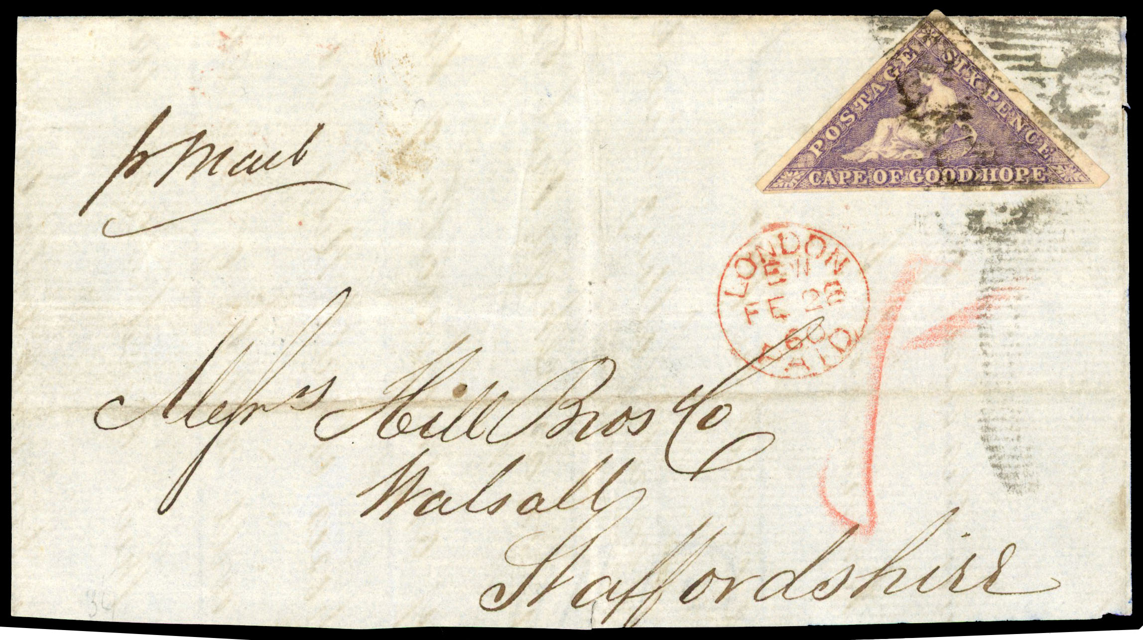 1860 6d deep rose-lilac on white paper, tied to front to England with red London arrival in red ‘FE 28/60’ below. SG 7b