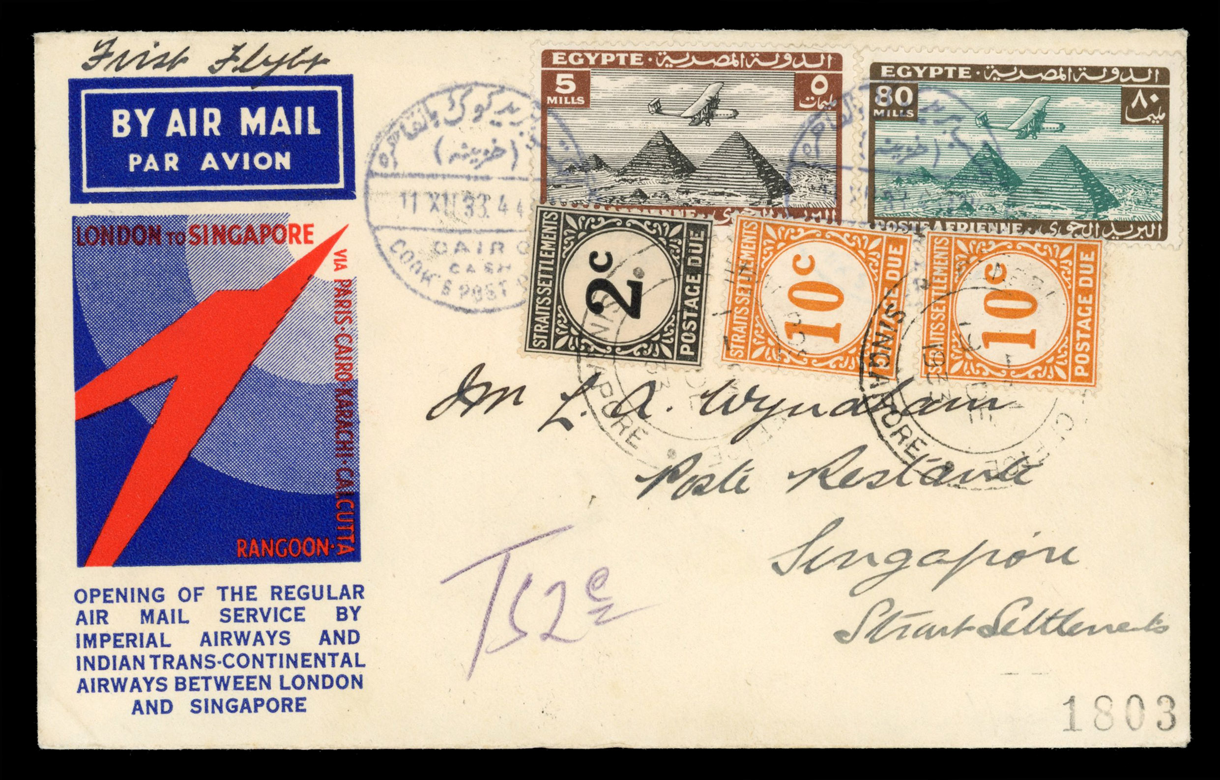Malay - Straits Settlements 1933 first flight cover from Egypt to Singapore