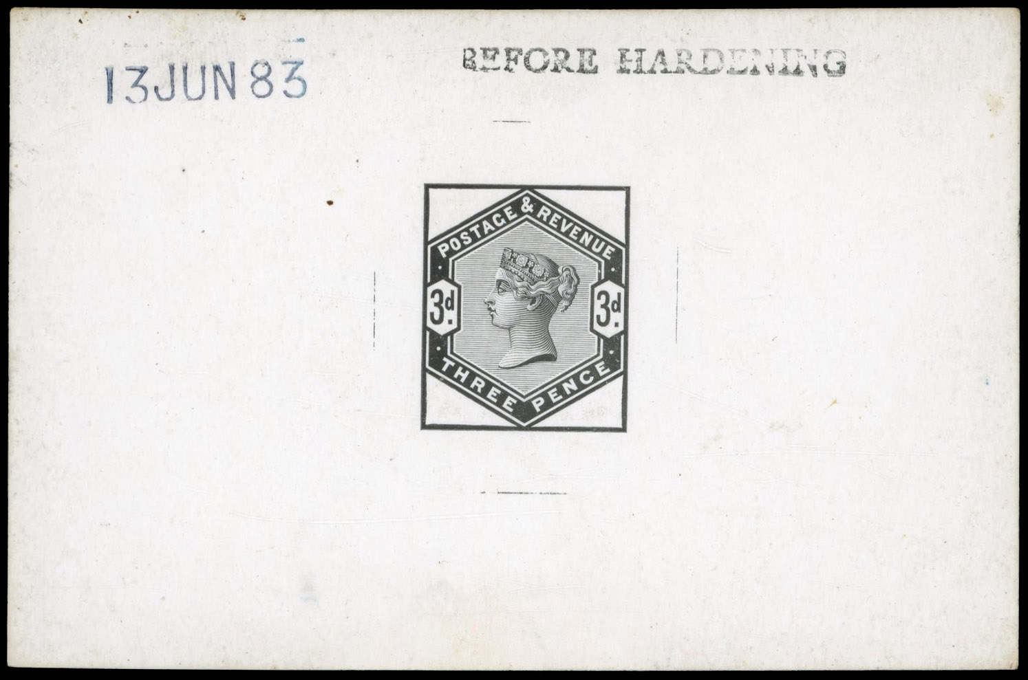 GB 1883-84 3d die proof, printed in black on white glazed card, For SG 191