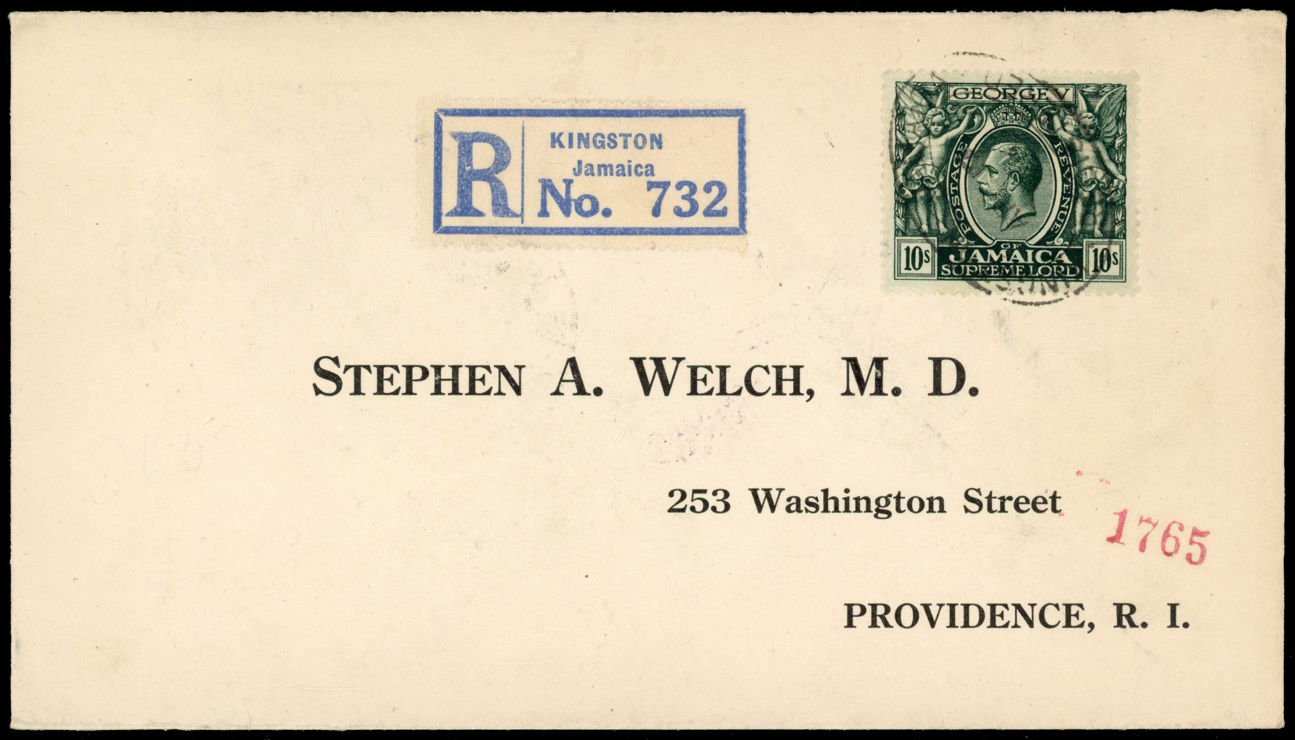 Jamaica 1928 registered cover to USA