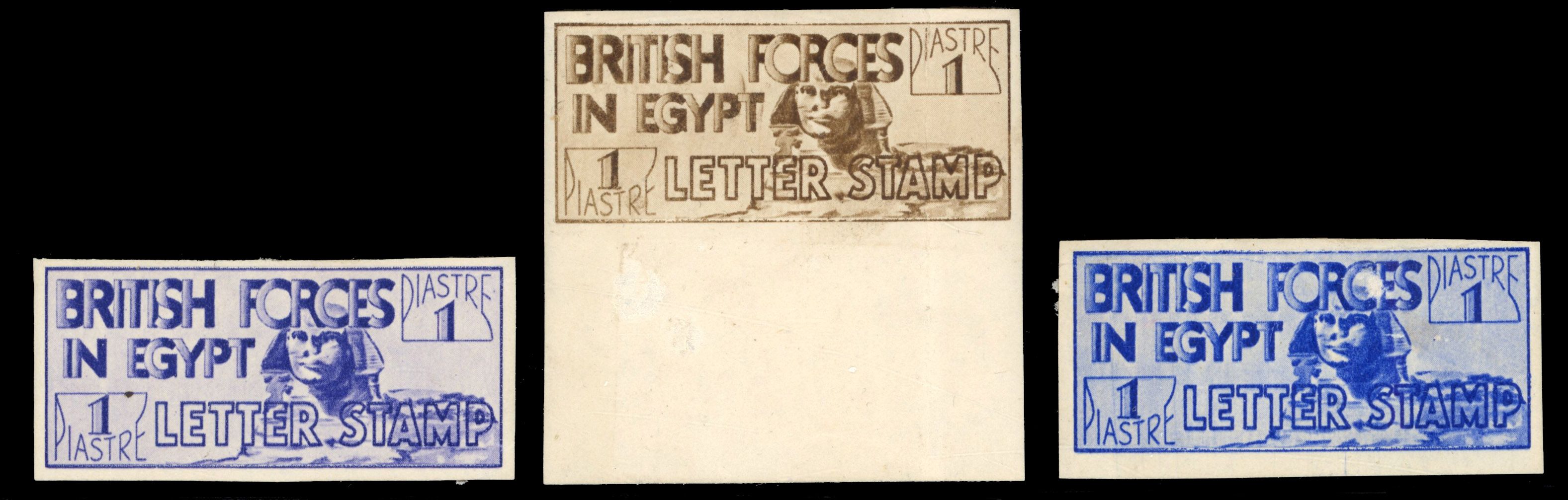 Egypt - British Forces: 1934 1pi imperforate colour trials on gummed paper in blue, brown and ultramarine