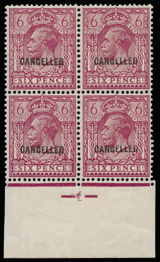 Great Britain 1926 6d Reddish purple. Superb unmounted o.g. bottom marginal block of four printed at Somerset Hous…