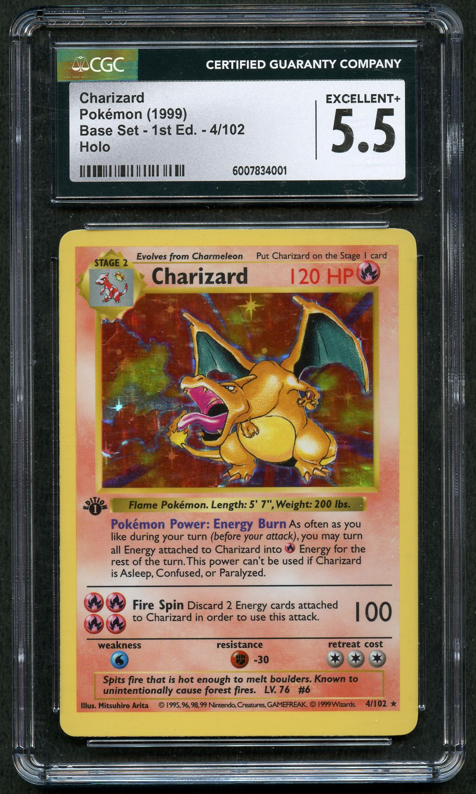 CGC 5.5 Charizard - 1st Edition Shadowless Base Set 1999 - 4/102