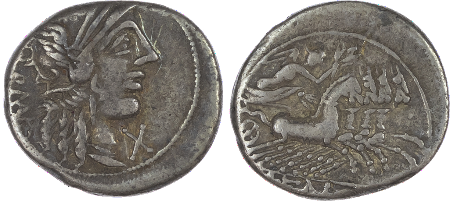 M. Fannius C. f. (123 BC) AR Denarius, Rome, 3.83g. ROMA, helmeted head of Roma facing right, X (mark of value) behind. Rev.