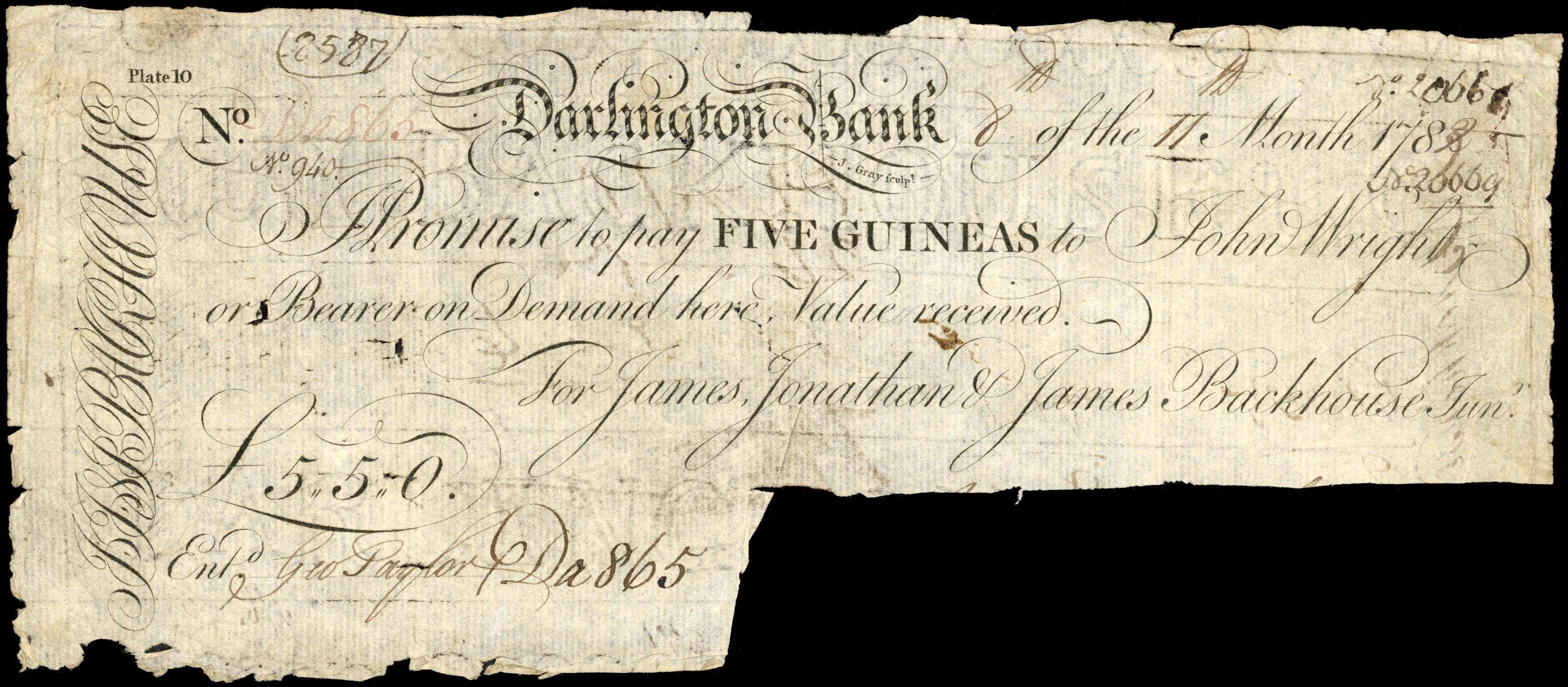 DARLINGTON, Darlington Bank, for James, Jonathan & James Backhouse, 5 Guineas 8th. of 11th. Month 1782, to Joh…