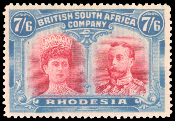 Rhodesia 1910-13 7s6d carmine and light blue perf 14