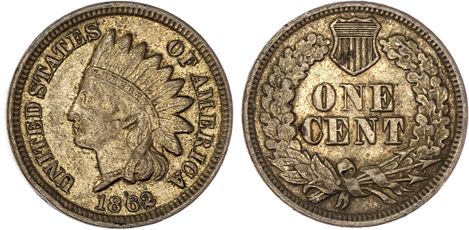 USA , Indian Head copper-nickel Cent, 1862, Philadelphia, oak wreath reverse, with shield, 4.54g (KM 90). Abou…