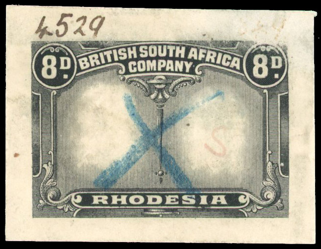 8d Die Proof of frame in black on wove paper from the printer's 'dirty' working book