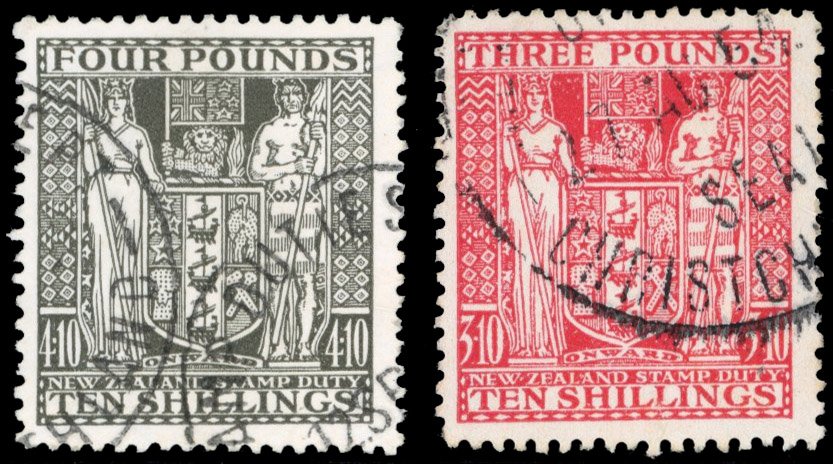 NZ Postal Fiscals SG F167, F209w 1935 £4/10/- and 1952 £3/10/- fiscally used