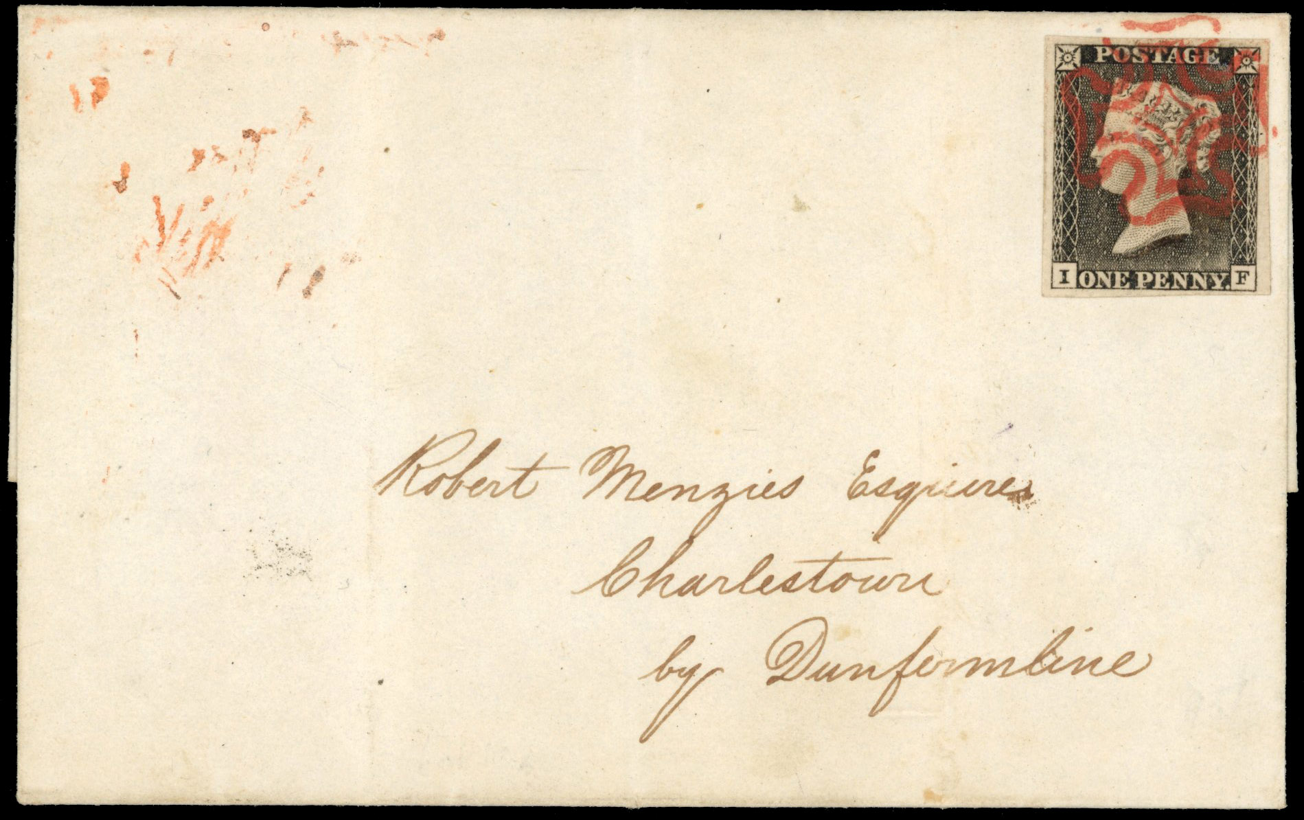 GB 1840 1d black Plate 1a (IF) on cover