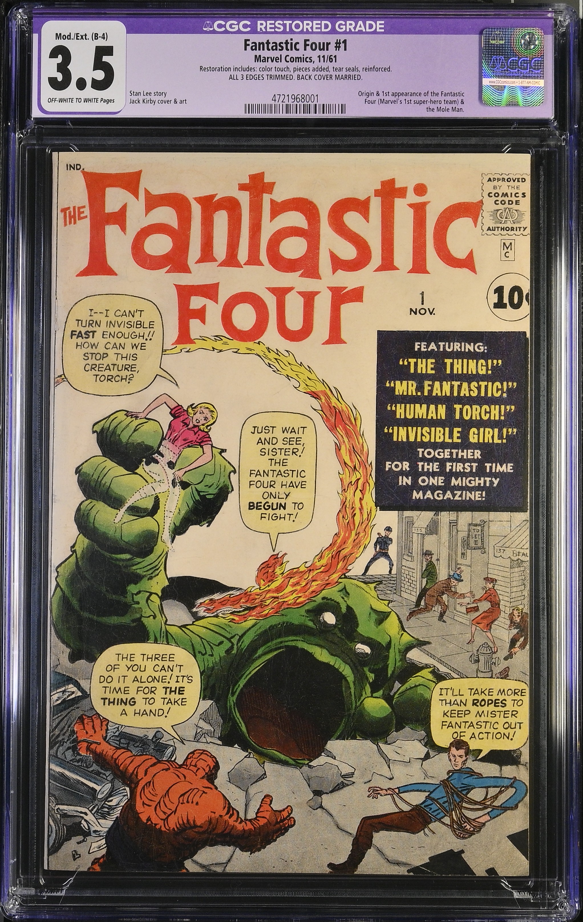 Fantastic Four #1 CGC 3.5 Restored 1st Appearance of The Fantastic Four (Marvel Comics, 1961) Off-White to White Pages