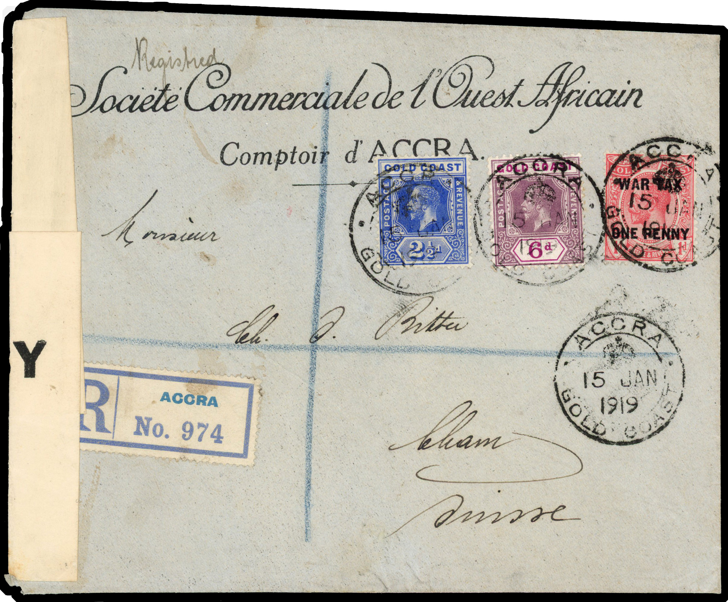 1919 censored, registered cover to Switzerland franked 1d, 2½d, and 6d tied ‘ACCRA/crown/GOLD COAST/15 JAN