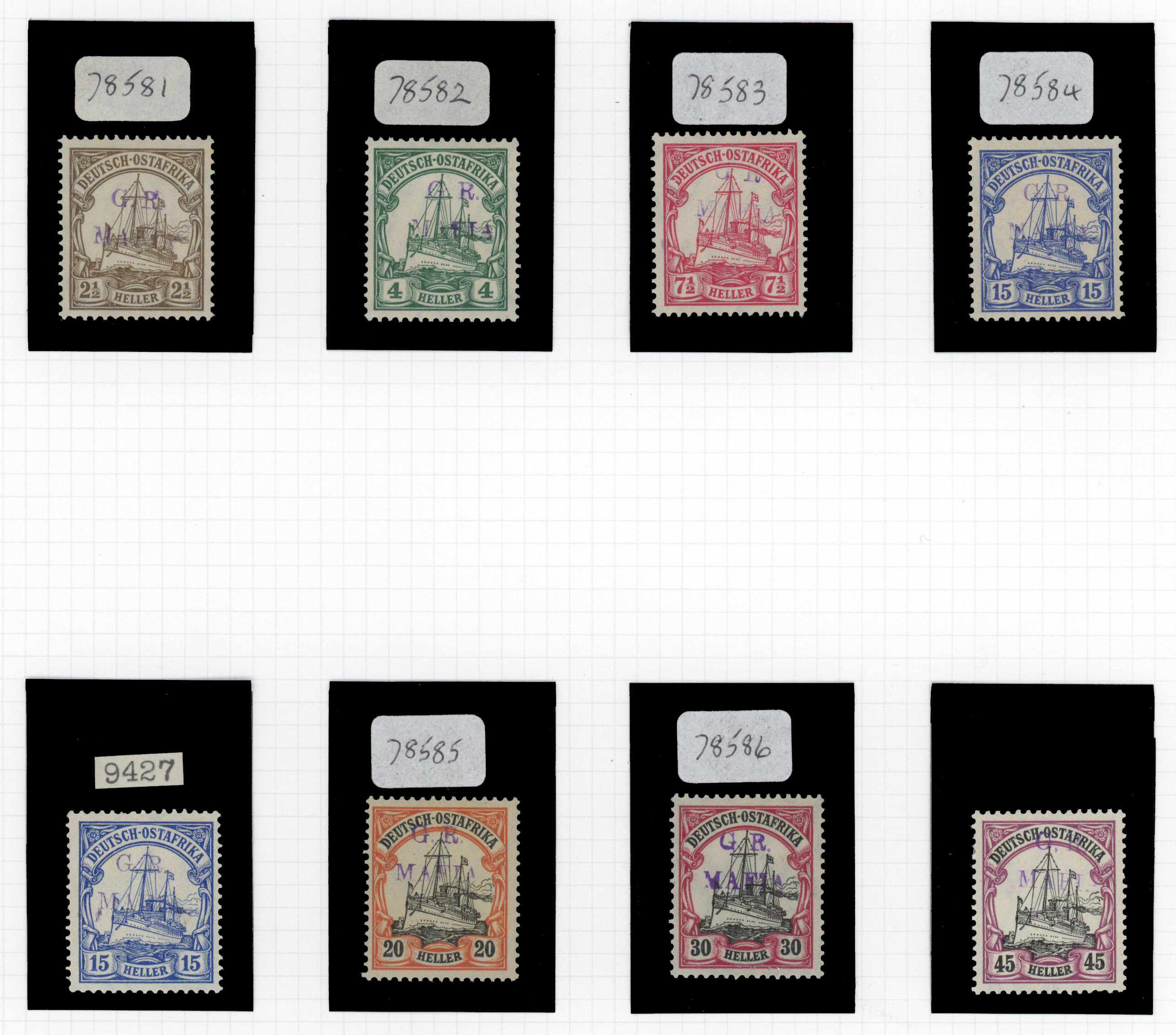 1915 German East Africa stamps handstamped in reddish violet, all with BPA Certificates dated 1976