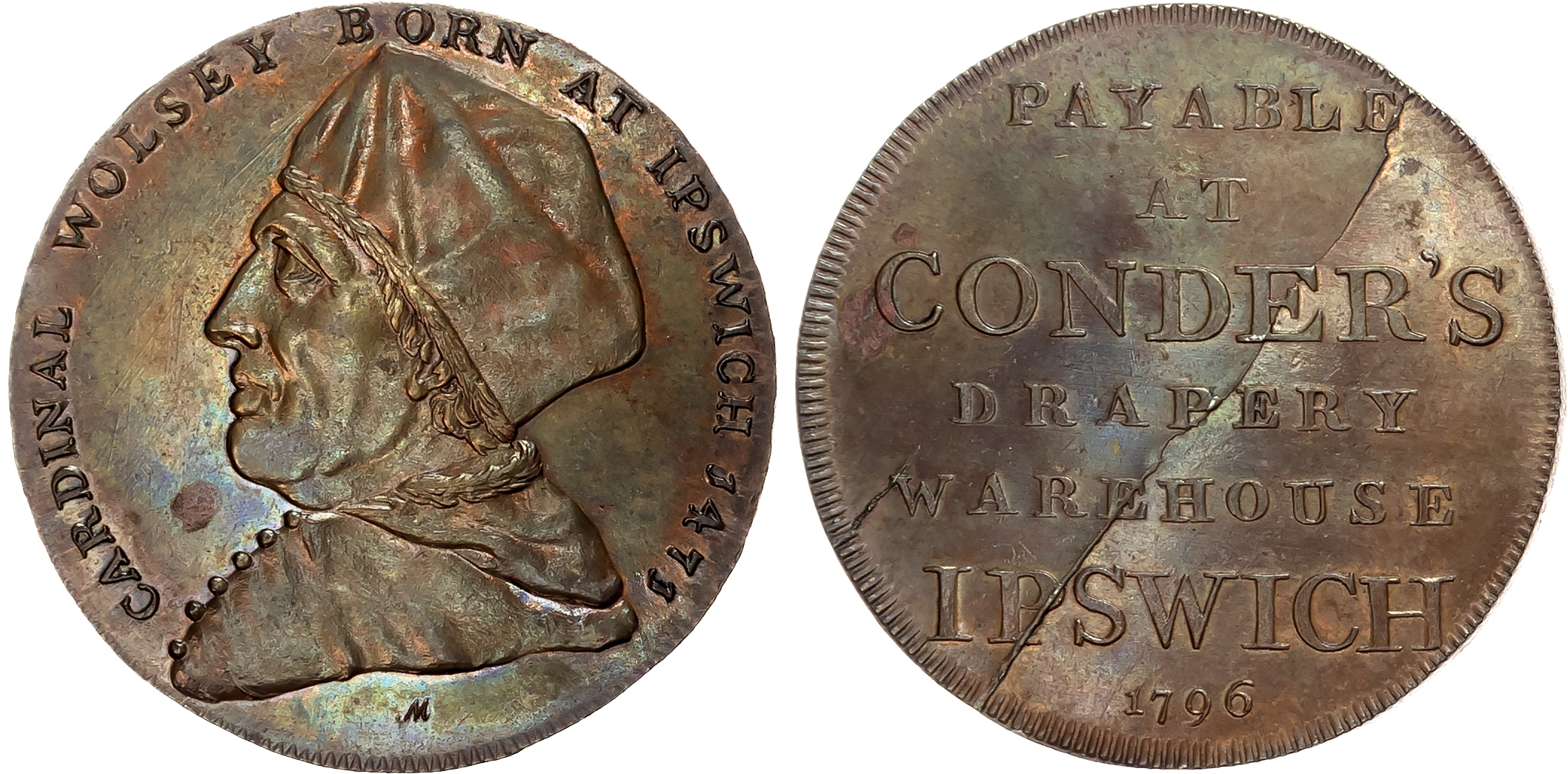 Suff. Ipswich , James Conder, Halfpenny 1795, bust of Cardinal Wolsey left, rev . 7-line legend, edge plain, 30.5mm/10.1 …