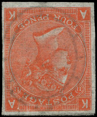 1869 4d Vermilion Pl.11 (Wmk. Inverted). Very fine unused imperforate example lettered AK, Scarce. Ex Hassan Shaida. SG9…