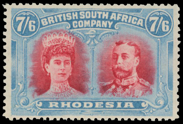 7s6d carmine and pale blue SG 160b, position 46 King's extra curl mint