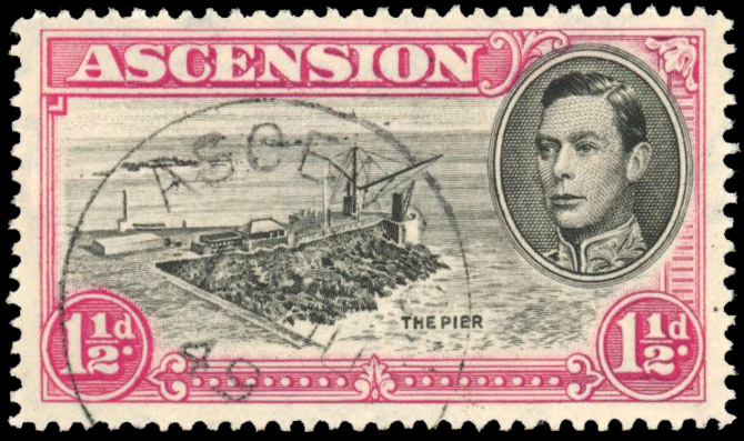 Ascension 1938-53 1½d black and carmine, with R.5/1 davit flaw variety, SG 40ea