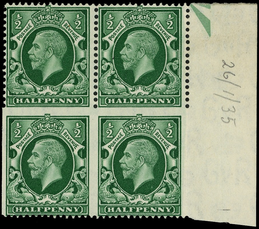 1934 ½d green block of four with intact selvage at right, with lower pair, variety IMPERFORATE ON THREE SIDES