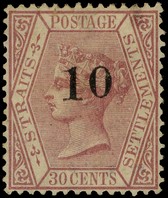 1880 '10' on 30c claret surcharge Type 'g', toned and stained part o.g., small thin at top but reasonable appearance and...