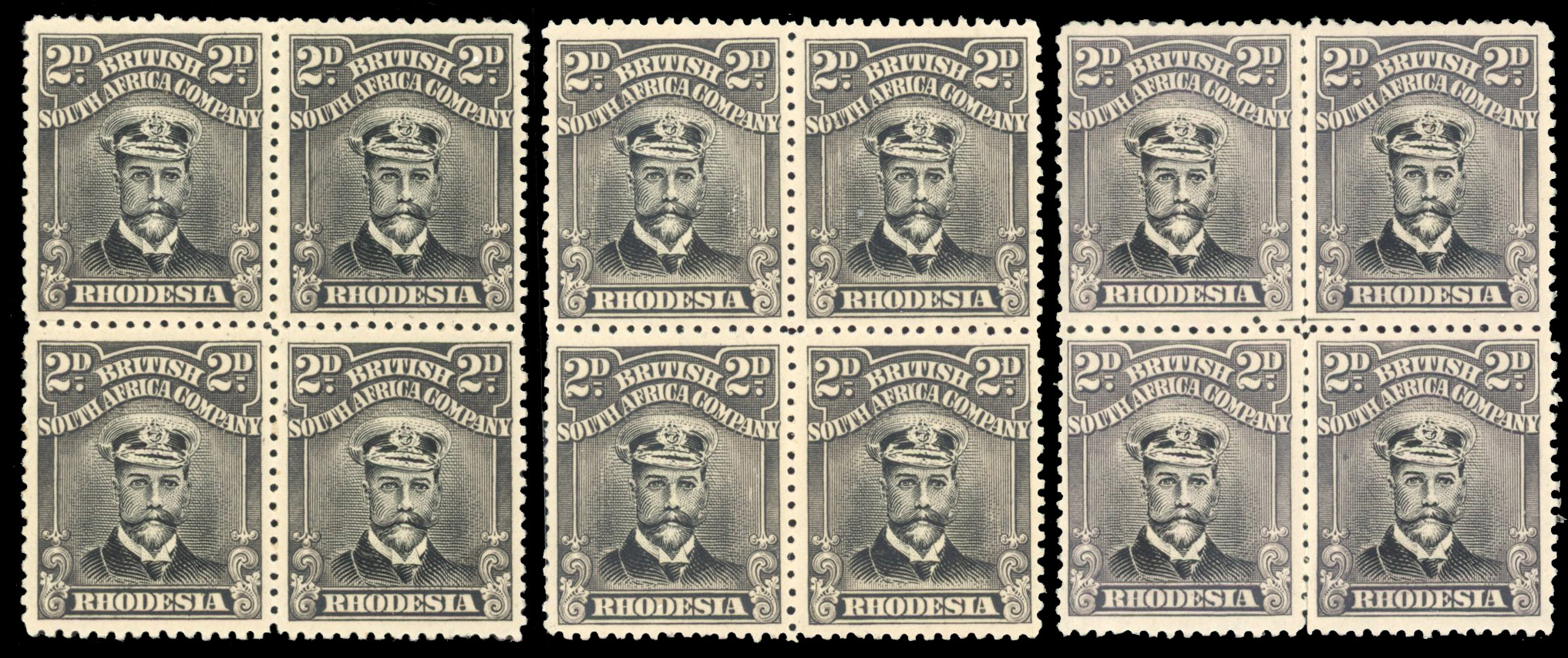 Rhodesia 2d SG 292 three blocks mint