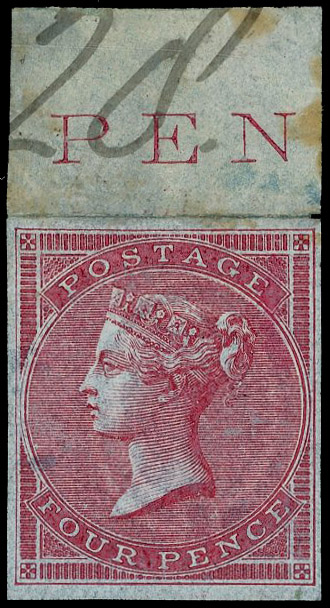 1855 4d Carmine (Thick highly glazed blued paper) Pl.2. Very fine unused four margin, top marginal imperforate imprimatu…