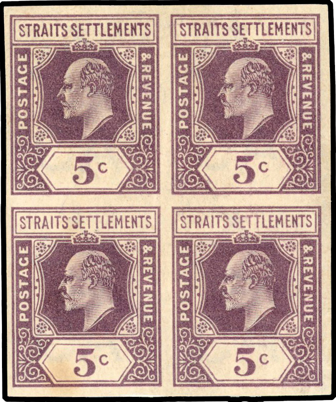 Straits Settlements 1902-03 5c dull purple imperf plate proof block of 4