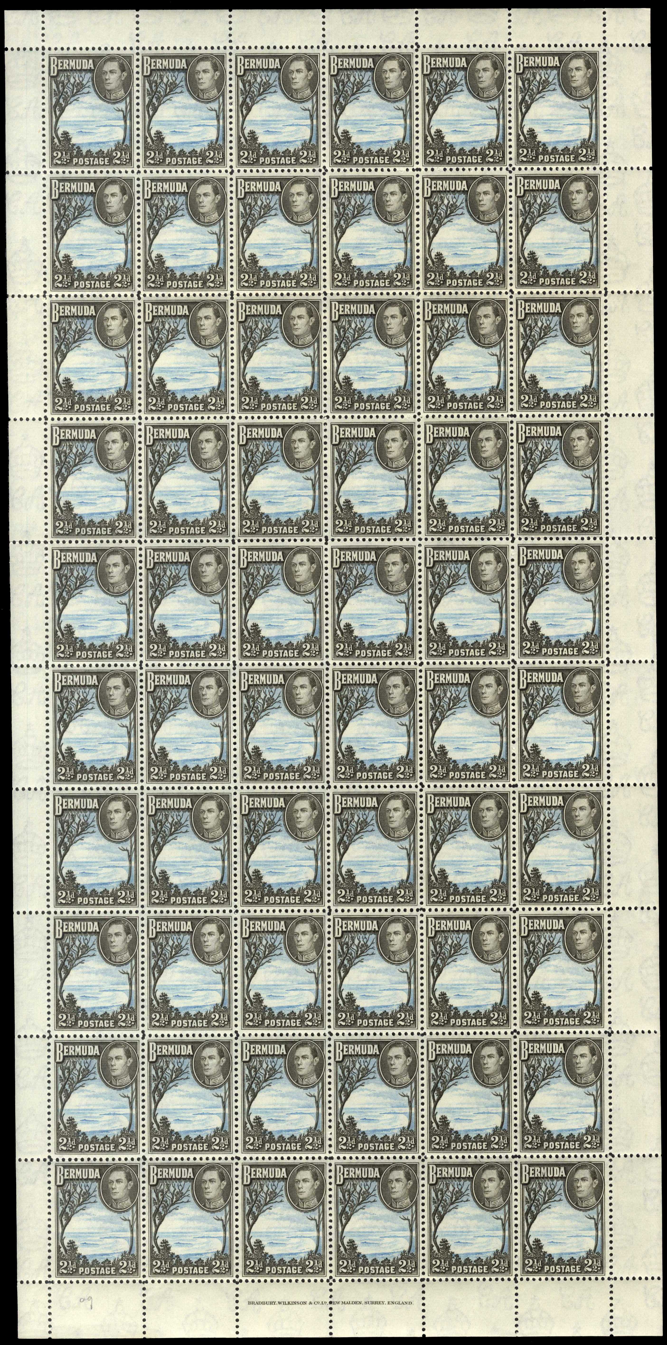 Bermuda 1938-52 2d, 2½d, and 3d complete sheets, SG 112a, 113b, 114a