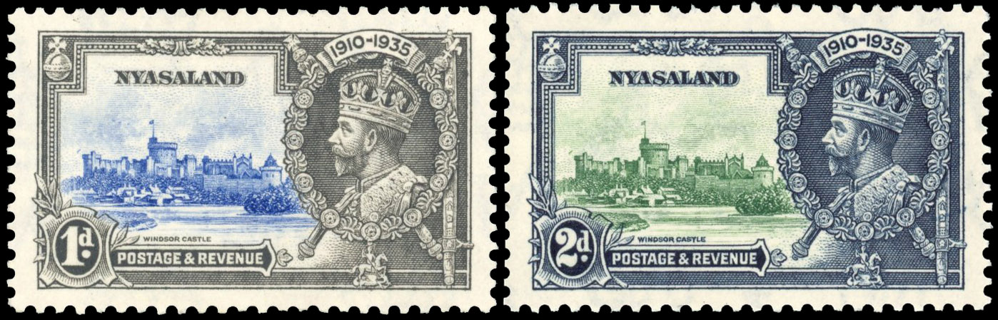 Nyasaland SG 123m, 124m 1935 Jubilee 1d and 2d bird by turret mint