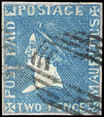 Mauritius 1859 Sherwin 2d deep blue on bluish paper (position 10), used with oval bar cancel