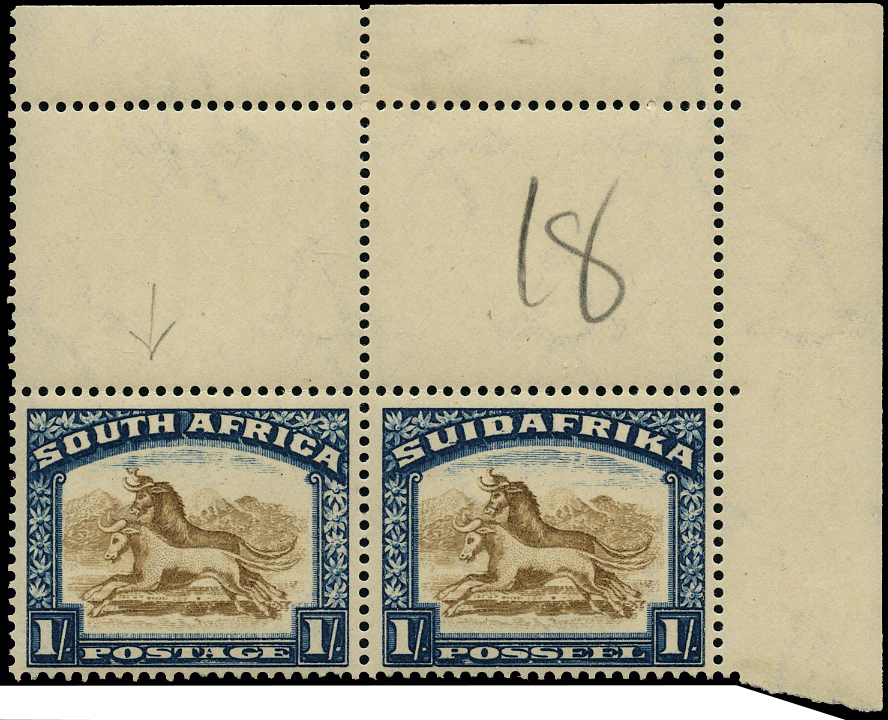 SOUTH AFRICA SG 48cw 1930-45 1s WMK INV VAR TWISTED HORN U/M