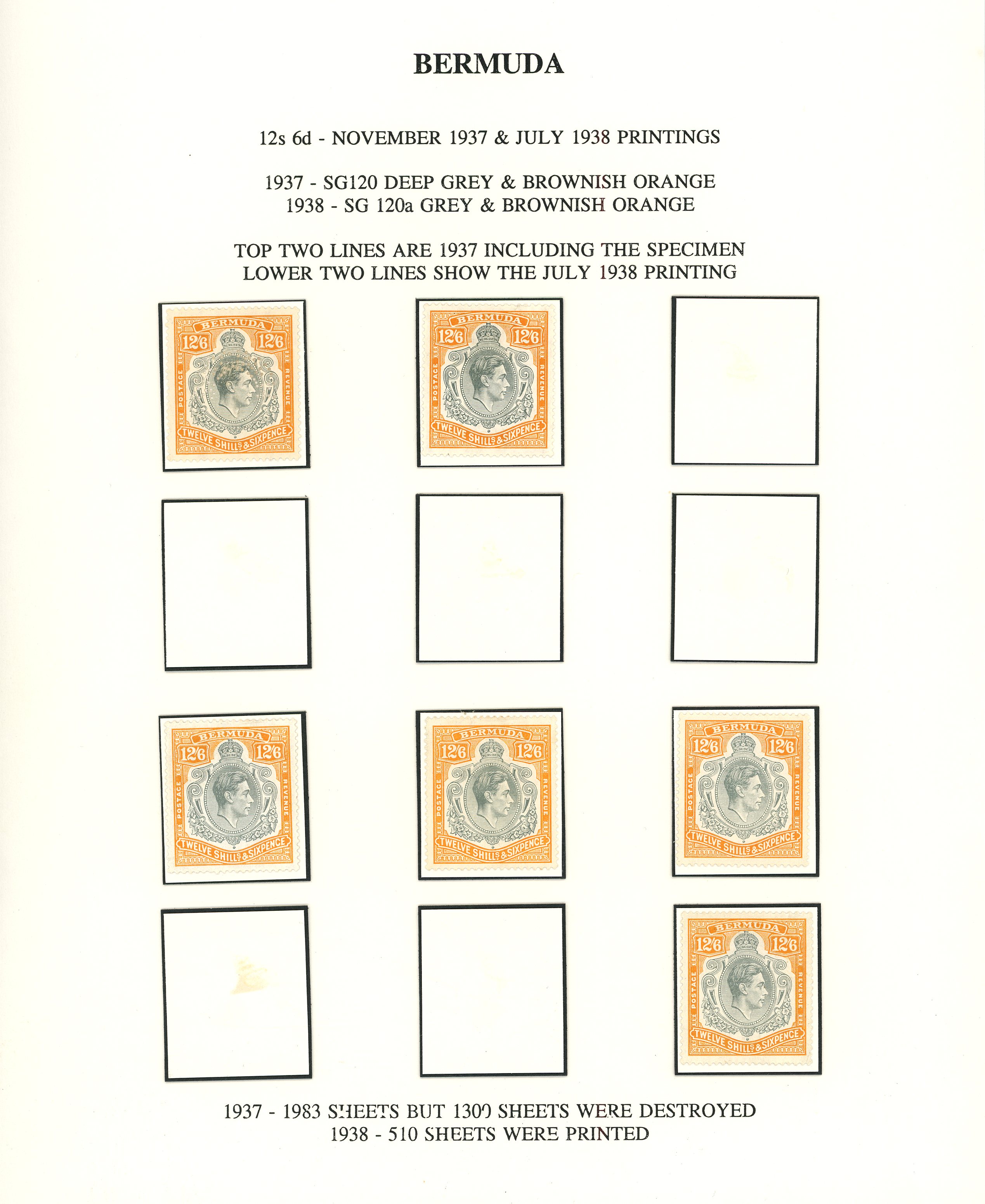 Bermuda 1938-53 12s6d mint selection identified by printing arranged on...