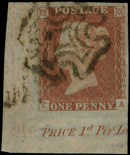 1841 1d Red-brown Pl.21 (TA) used corner plate number example