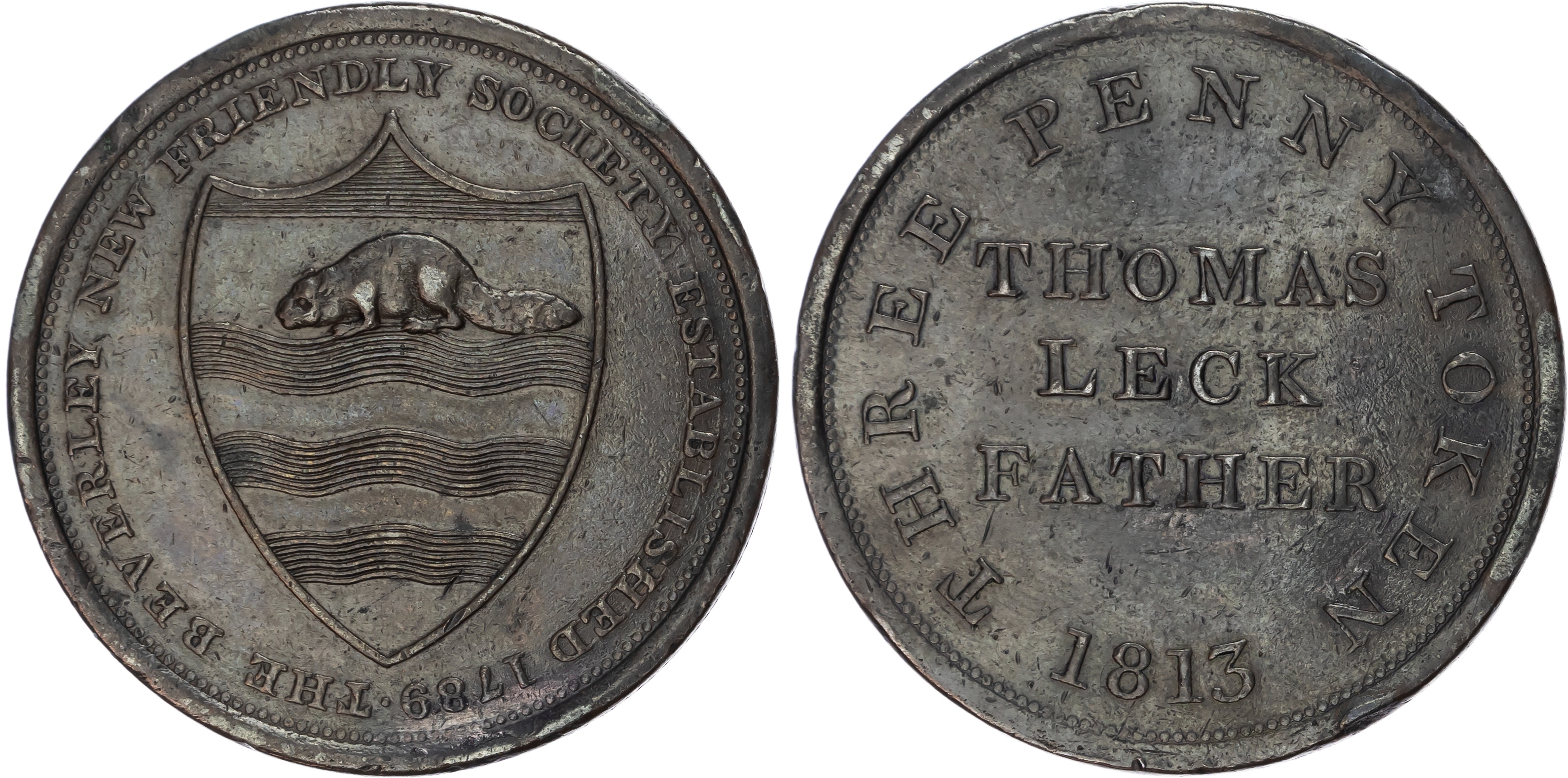 BEVERLEY, Yorks, Thomas Leck of the New Friendly Soc. ( of which no trace can be found ) Threepence 1813, Arms…