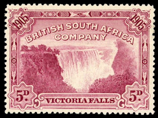 Rhodesia 1905 Victoria Falls 5d claret, perf 14, variety ‘BIRD IN TREE’, mint