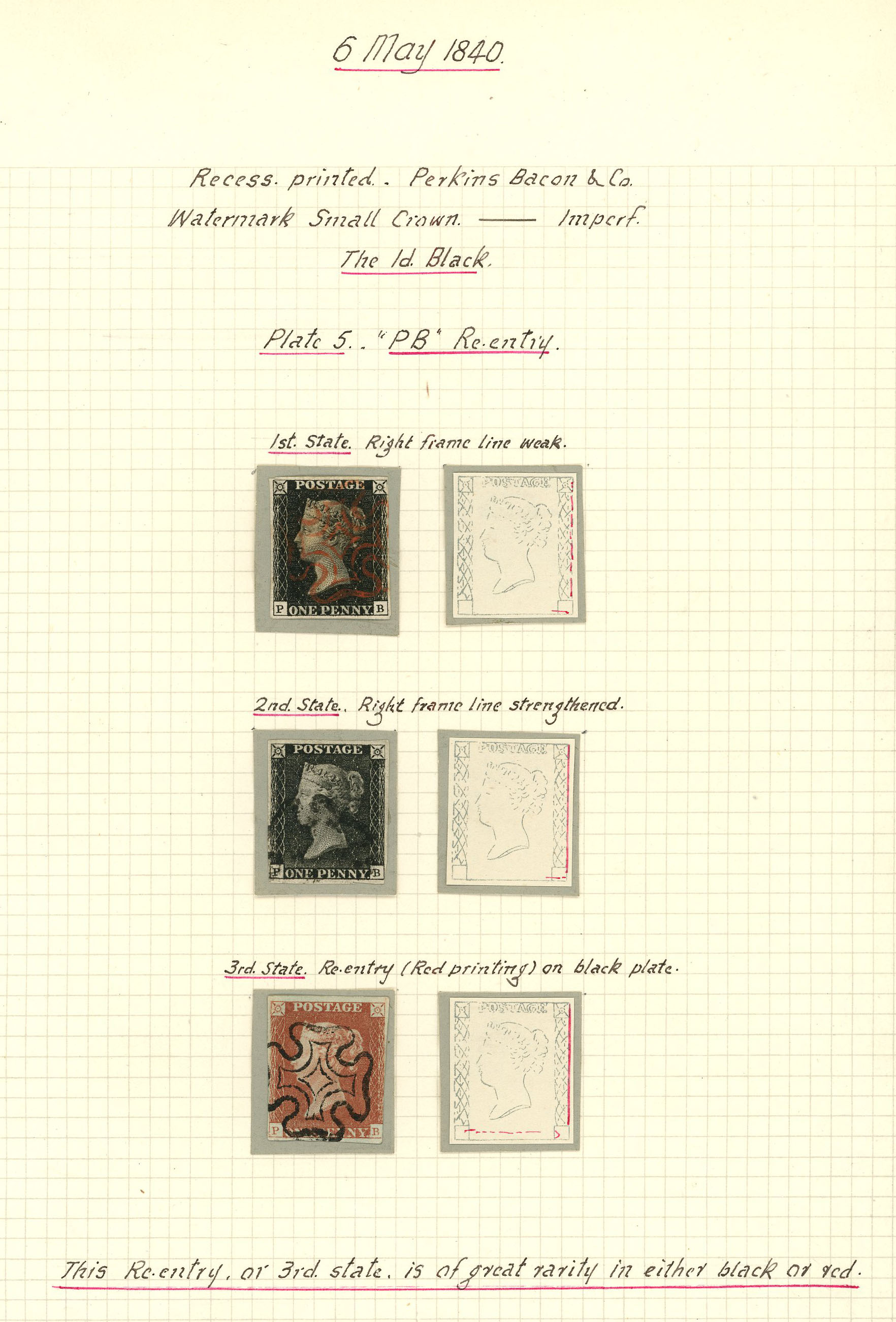 1840-41 Plate 5 in black and red, showing three States of plate repair to position...