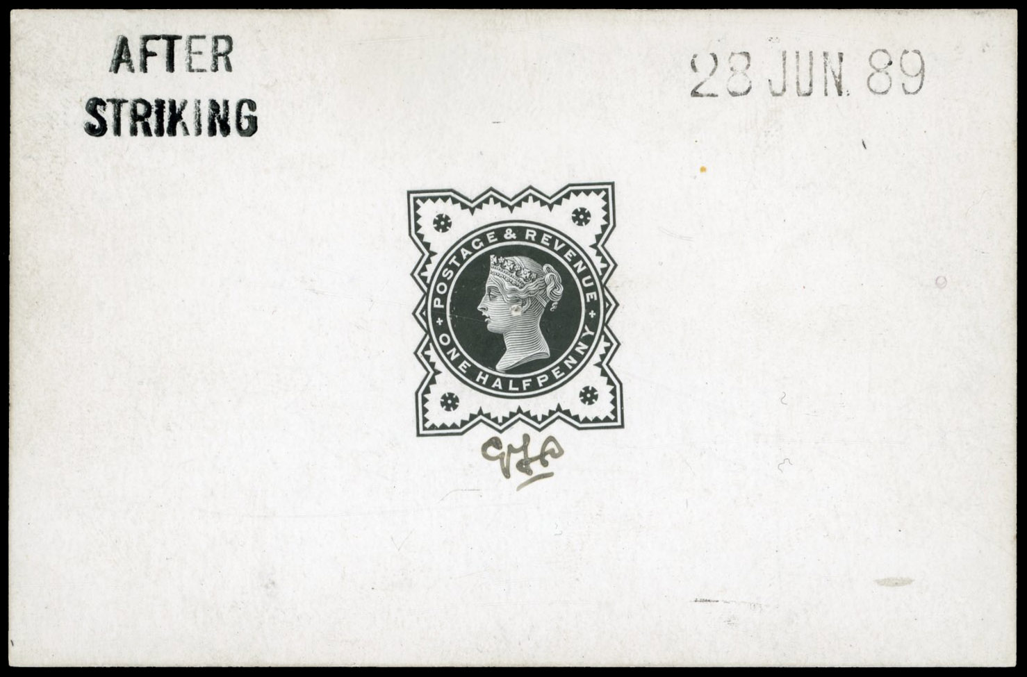 GB 1887-92 ½d die proof, printed in black on white glazed card, For SG 197