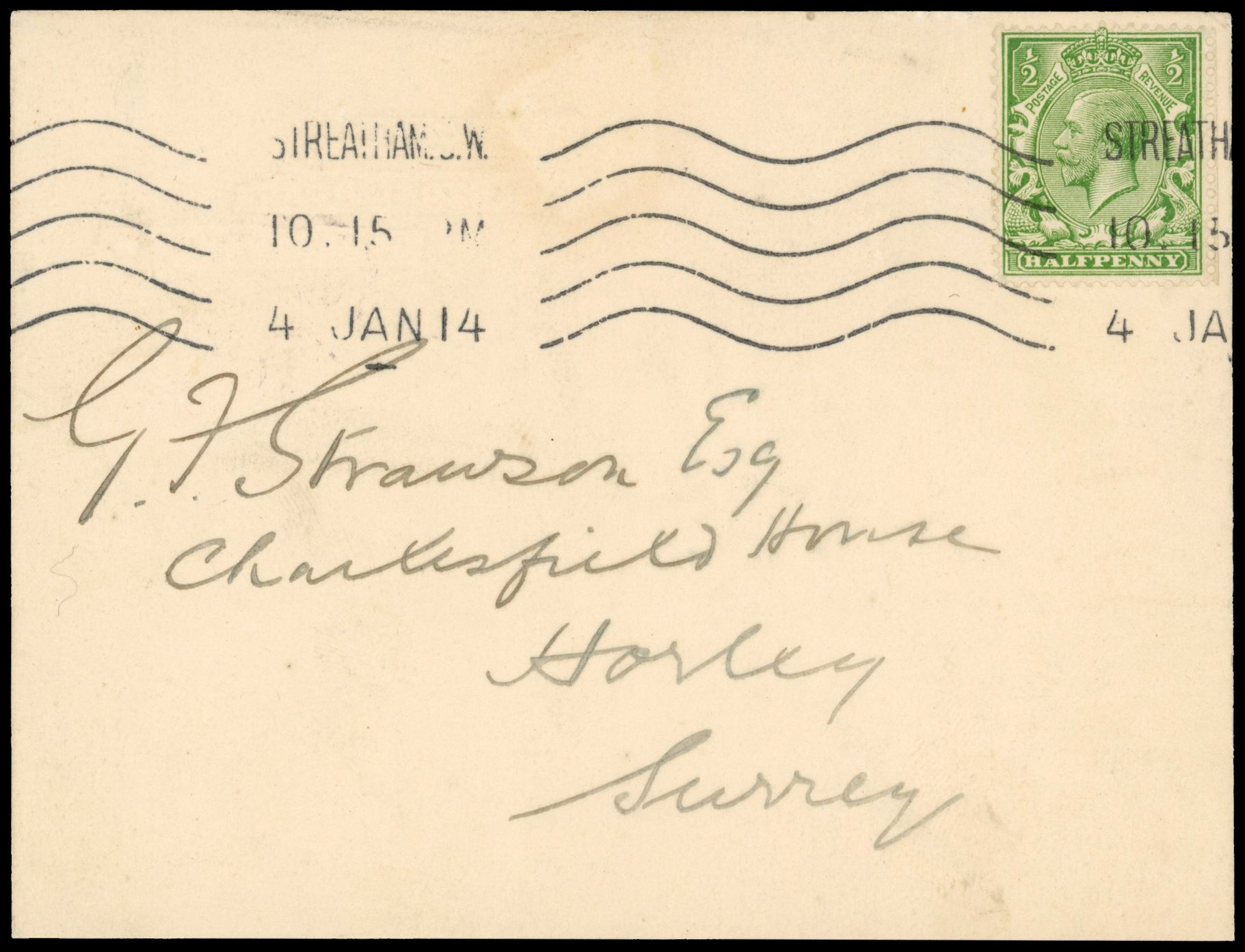 GB SG 351 1913 ½d used on postcard 'New Moon' variety