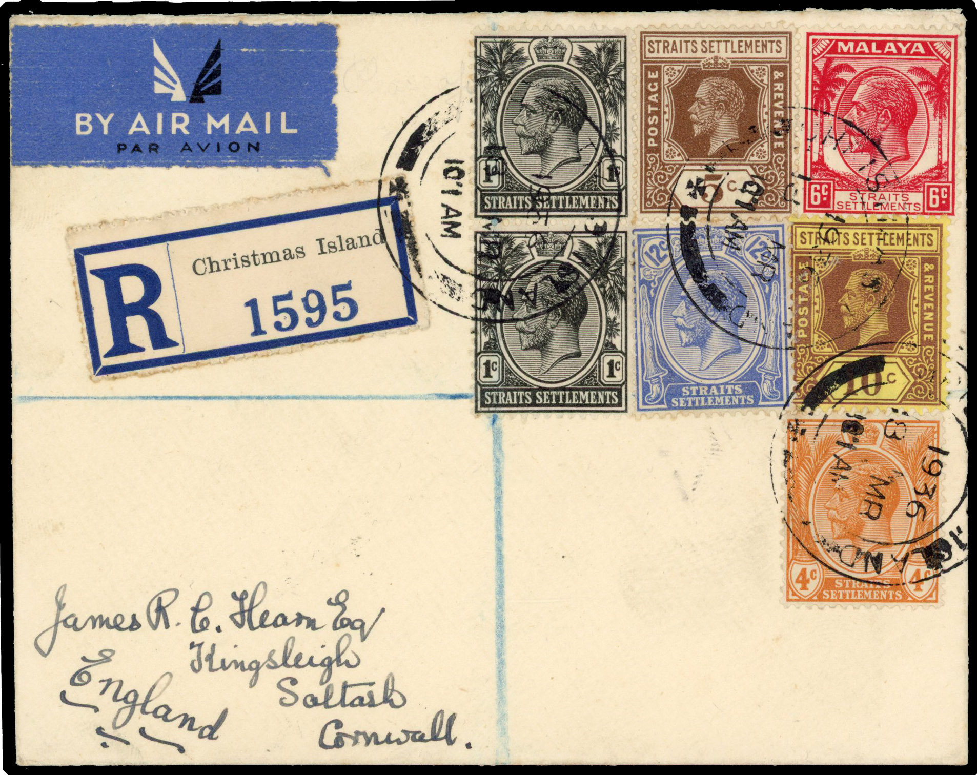 Straits Settlements 1936 registered cover from Christmas Island
