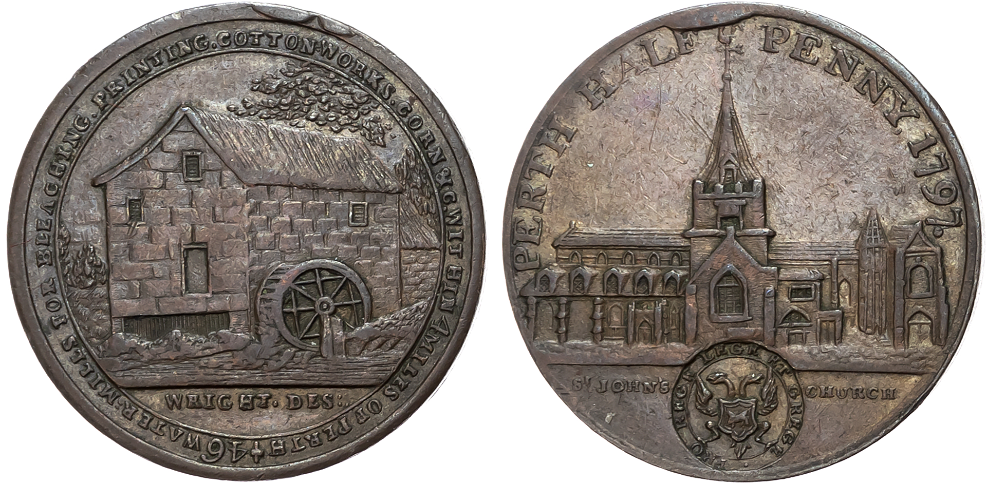 Perths.  Perth , John Ferrier Halfpenny, 1797, St John’s Church, town arms in a cartouche below, rev. Watermill and tree …