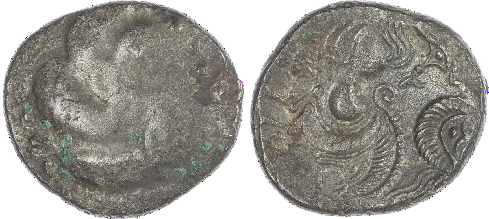 North West Gaul, Coriosolites (c. 100-50 BC) BI Stater, 6.37g. Stylised male head right, hair of large spiral curls. Rev.