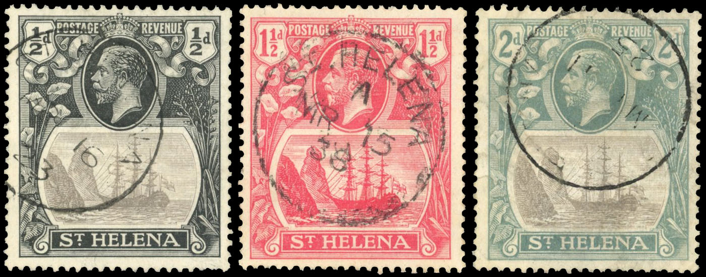 St Helena SG 97b, 99b, 100b 1922 ½d, 1½d and 2d torn flags used