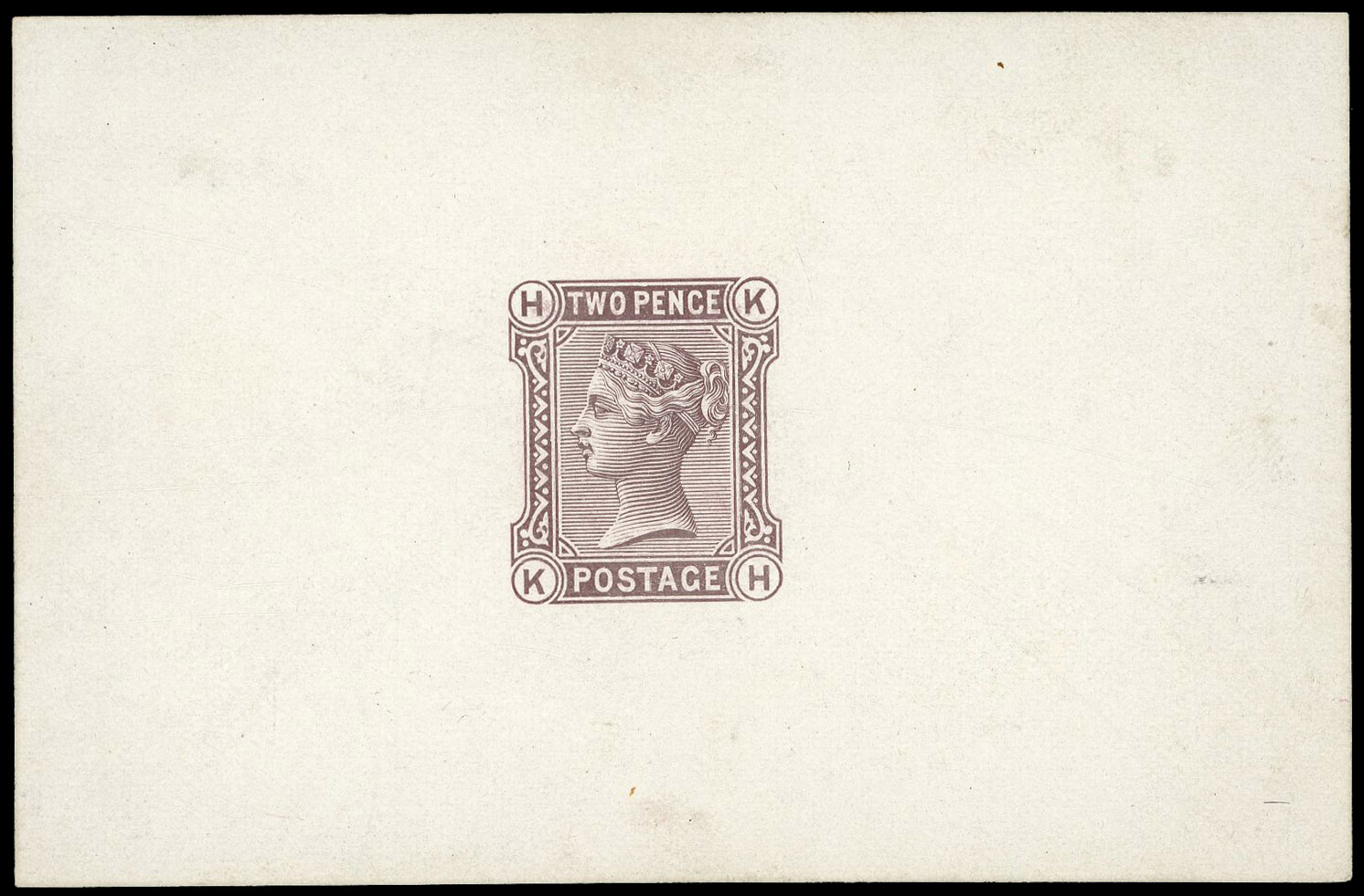 1880 2d Provisional Issue Essay. Very fine die-proof by De la rue, printed in purple-brown on white glazed card (92x61mm…