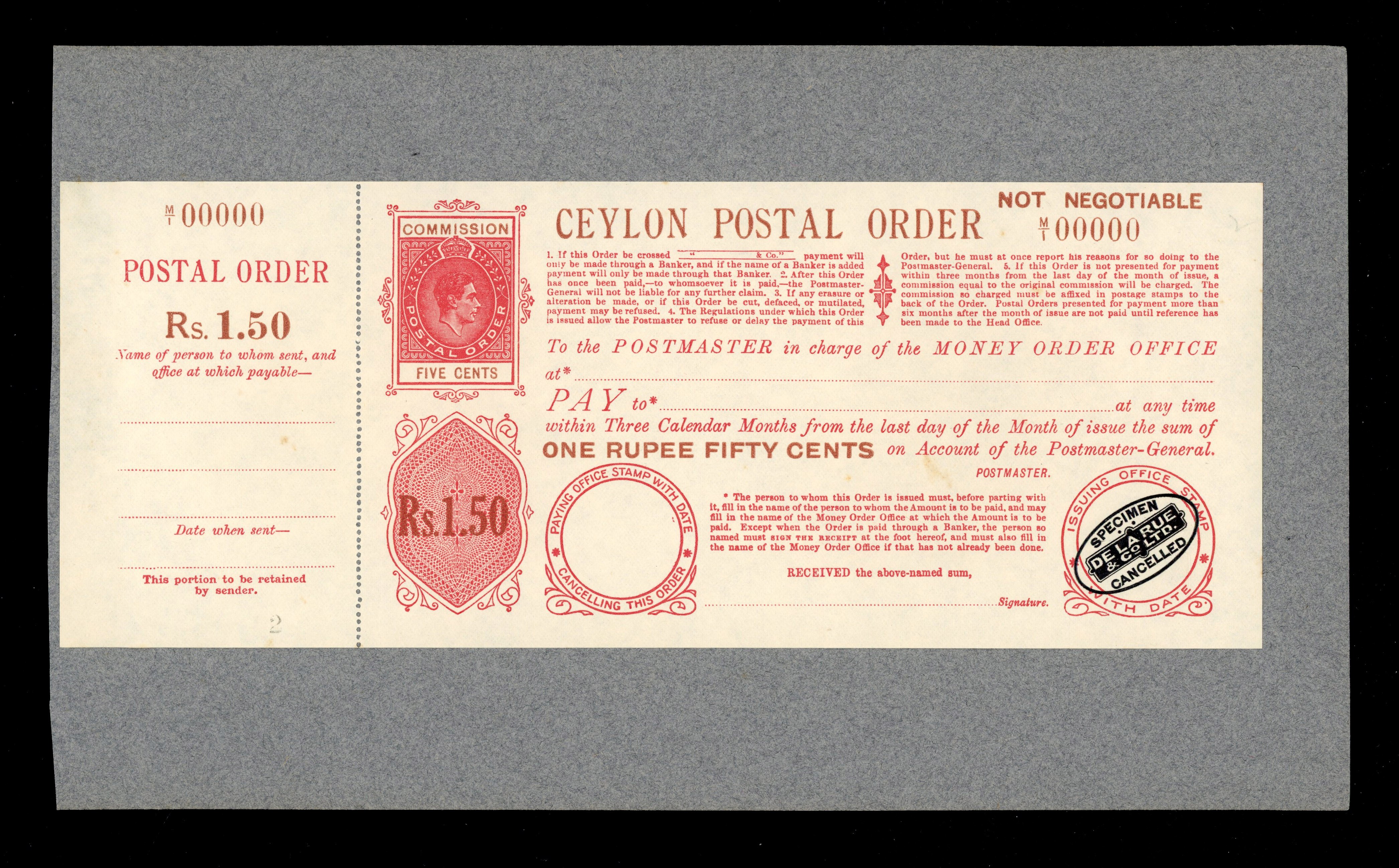 Ceylon 1r50 Postal Order De La Rue Proof 