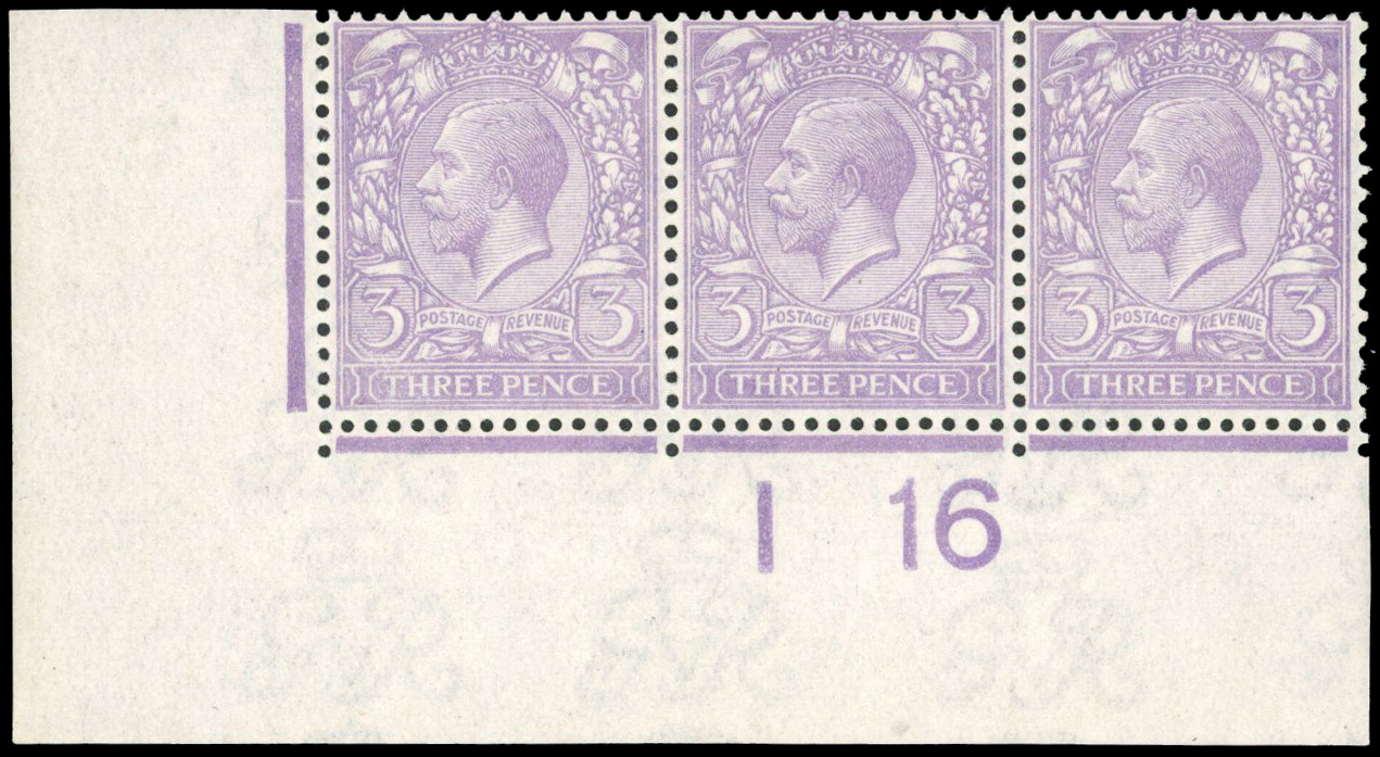 1916 3d Very pale violet. Superb unmounted o.g. bottom left hand corner marginal control I16 strip of three