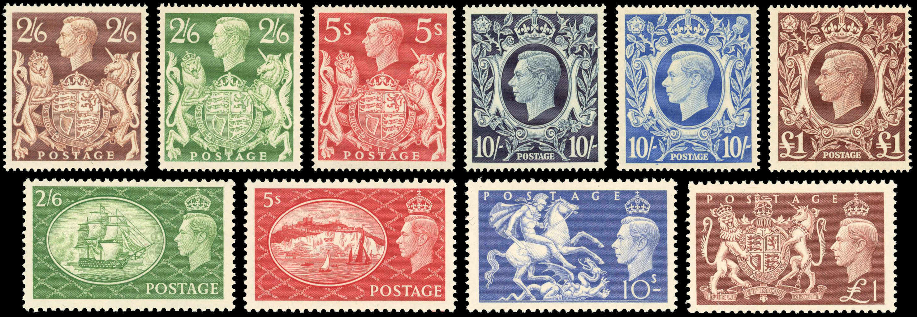 GB: 1939-48 2s6d to £1 set of six and 1951 Festival set to £1; all mint unmounted og