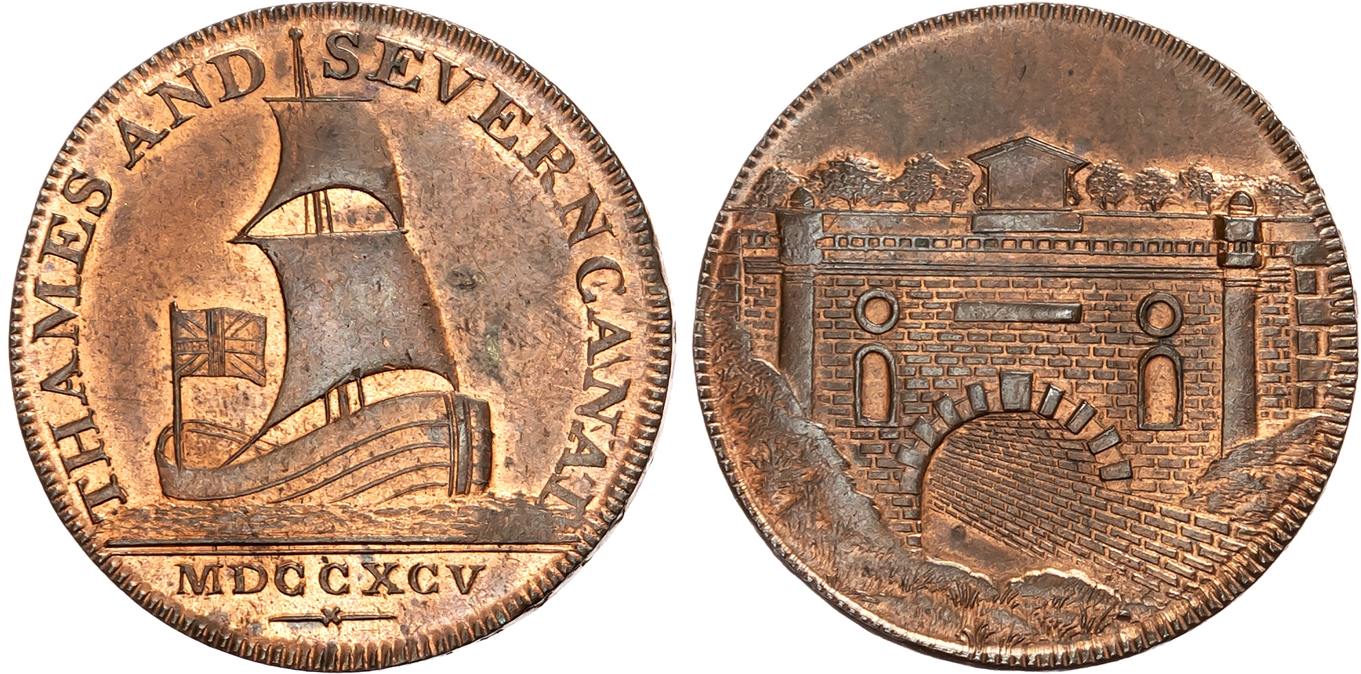 Glos. B rimscombe Port, Thames and Severn Canal Co. Halfpenny 1795, Sailing-barge, rev . View of Sapperton canal tunnel, …