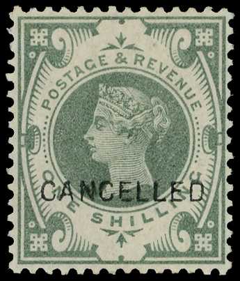1887 1/- dull green overprinted CANCELLED...