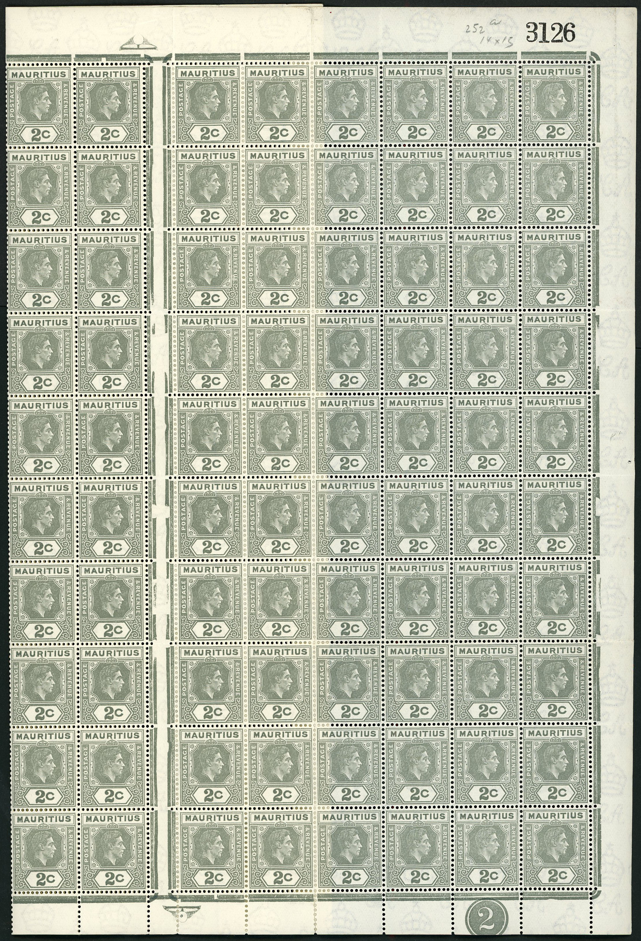 1942 2c grey perf 15 x 14 sheet of 120 unmounted o.g., folded and a little separation in places, R10/5 RP serrated edge. ...