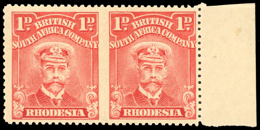Rhodesia 1913-19 1d red horizontal pair error Imperf Between